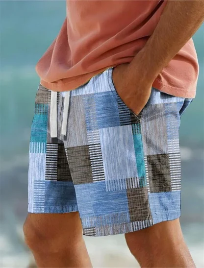 Board Shorts with Printed Patchwork Design