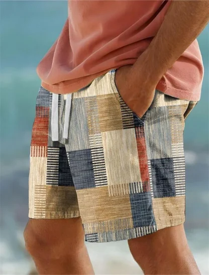 Board Shorts with Printed Patchwork Design - Image 3