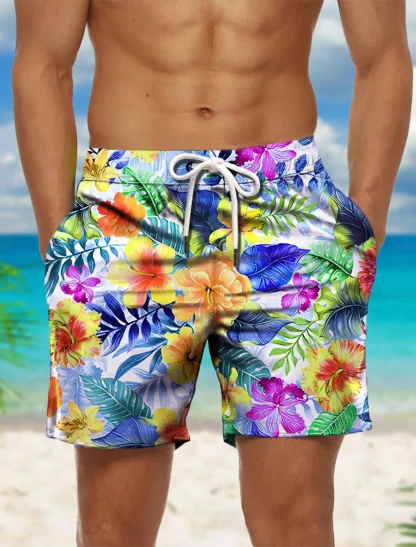 Tropical Print Board Shorts with Drawstring - Image 3