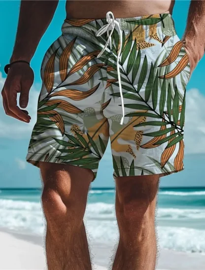 Breathable Swim Short with Leaf Tropical Print