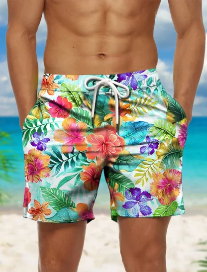 Tropical Print Board Shorts with Drawstring
