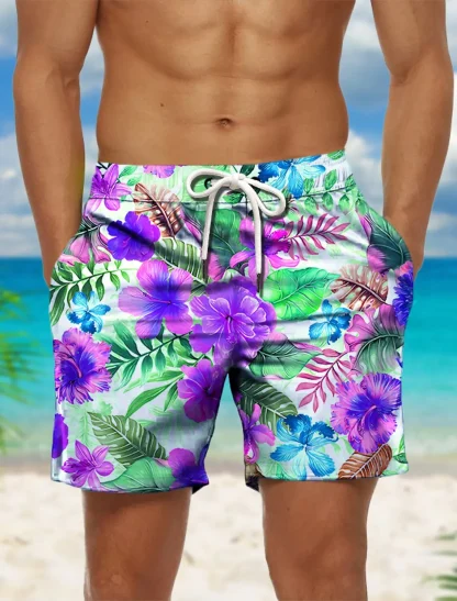 Tropical Print Board Shorts with Drawstring - Image 2